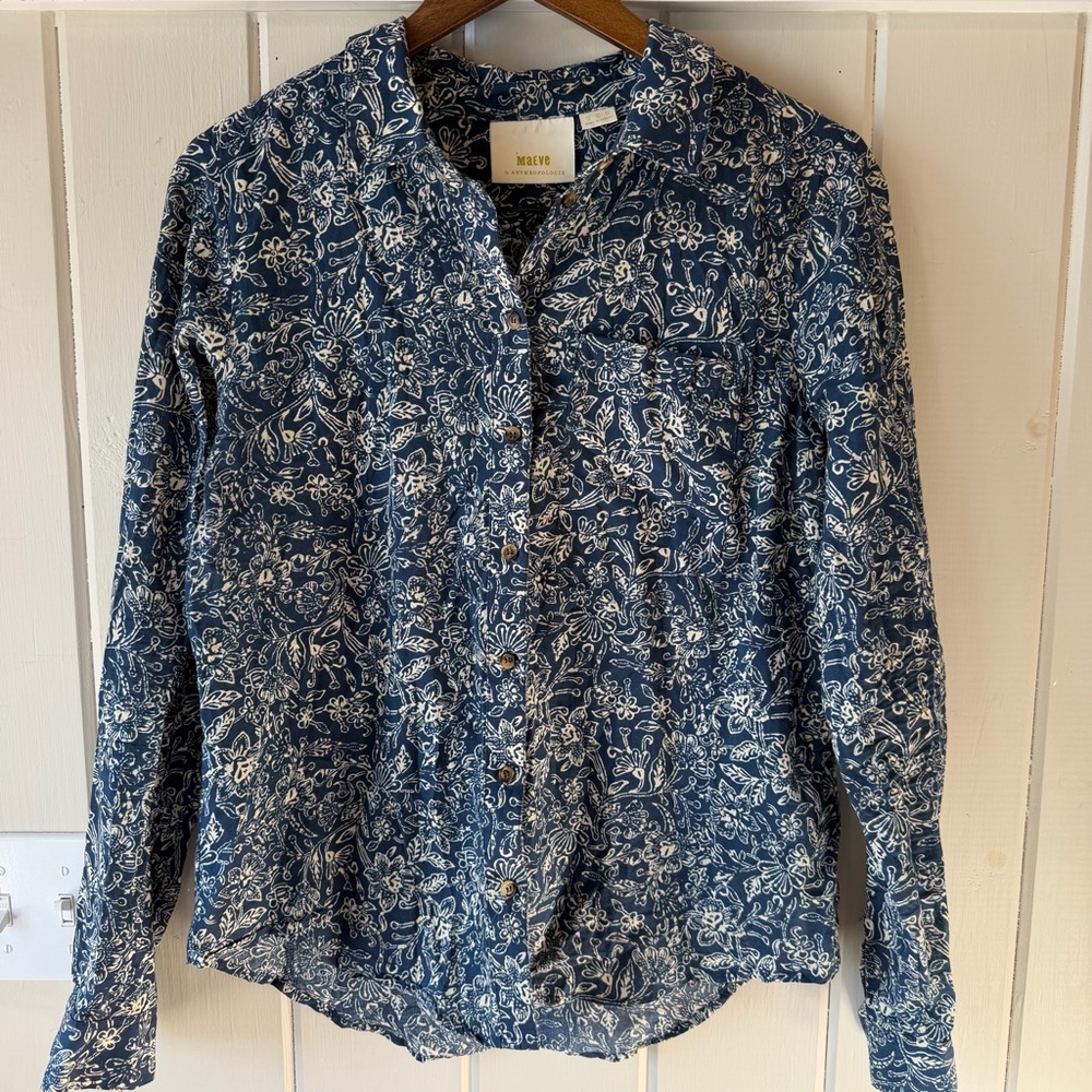Women’s Maeve Blue Floral Button-Up Blouse, Size 12/L